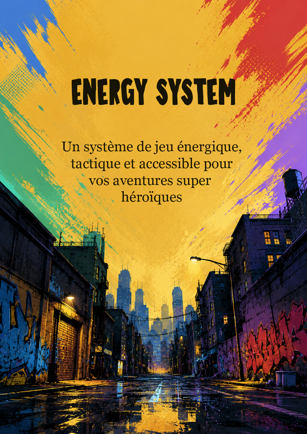 Couverture du livre Energy System : une rue urbaine stylisée sous un ciel d'éclaboussures colorées